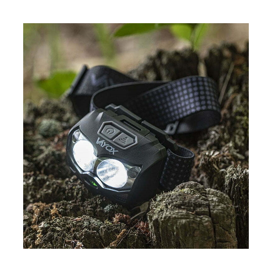 LED Himmennettävä ladattava otsalamppu anturilla ja punainen valo 2xLED/5W/5V/3xAAA IP65 500 kiiltävä 1200 mAh
