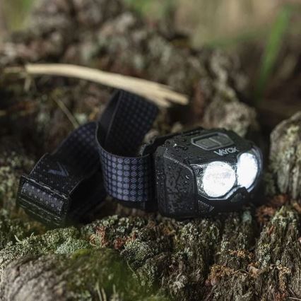 LED Himmennettävä ladattava otsalamppu anturilla ja punainen valo 2xLED/5W/5V/3xAAA IP65 500 kiiltävä 1200 mAh