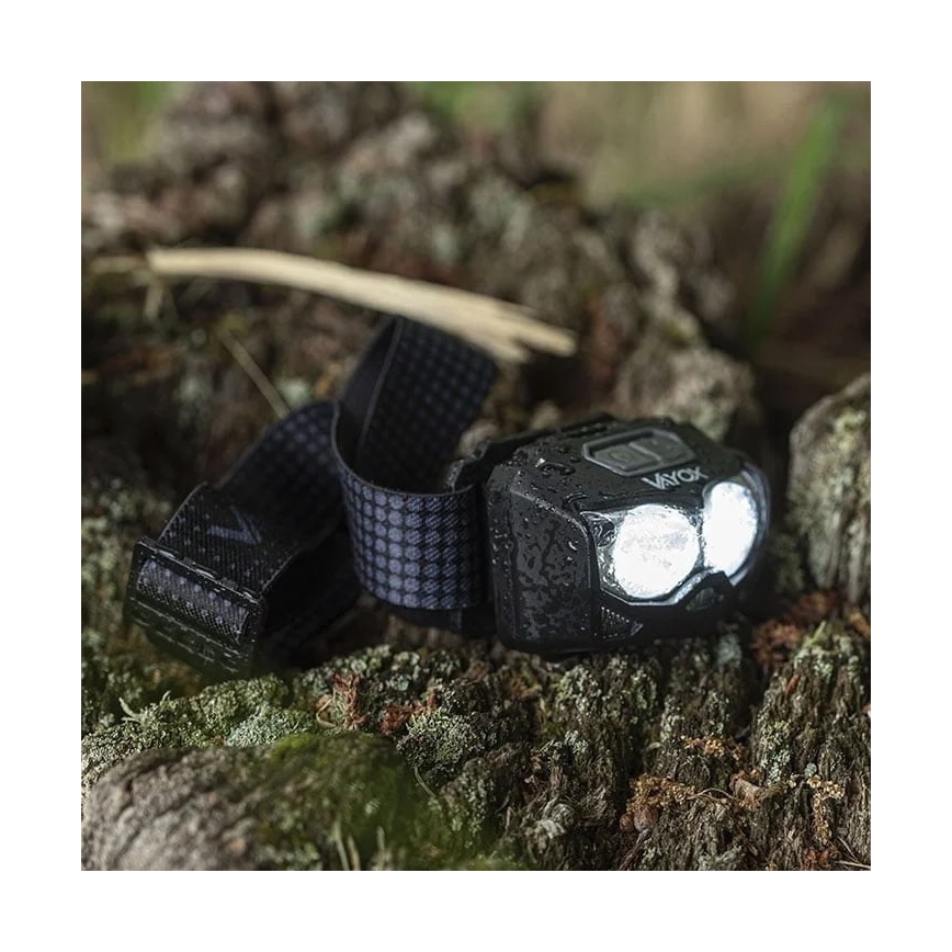 LED Himmennettävä ladattava otsalamppu anturilla ja punainen valo 2xLED/5W/5V/3xAAA IP65 500 kiiltävä 1200 mAh