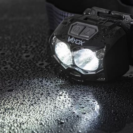LED Himmennettävä ladattava otsalamppu anturilla ja punainen valo 2xLED/5W/5V/3xAAA IP65 500 kiiltävä 1200 mAh