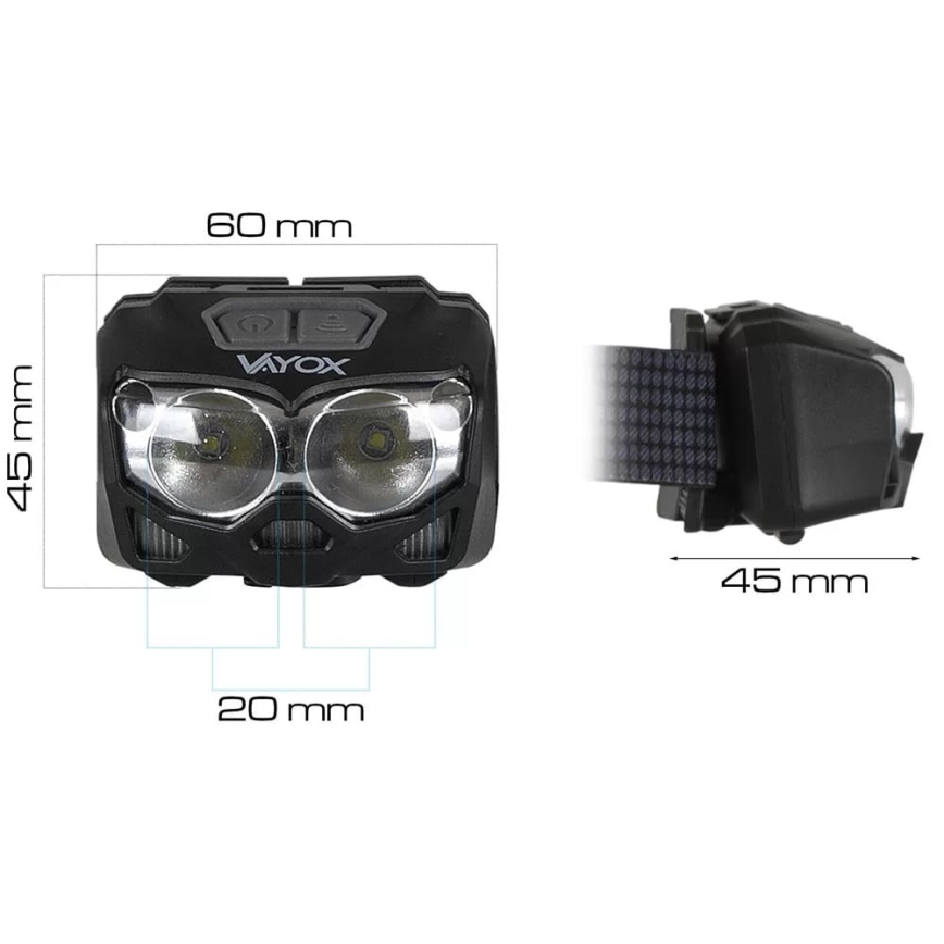 LED Himmennettävä ladattava otsalamppu anturilla ja punainen valo 2xLED/5W/5V/3xAAA IP65 500 kiiltävä 1200 mAh
