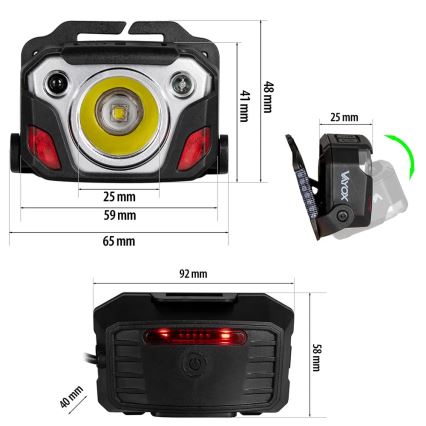 LED Himmennettävä ladattava otsalamppu anturilla virta pankki -toiminto ja punainen valo LED/10W/5V IP44 1200 kiiltävä 4000 mAh