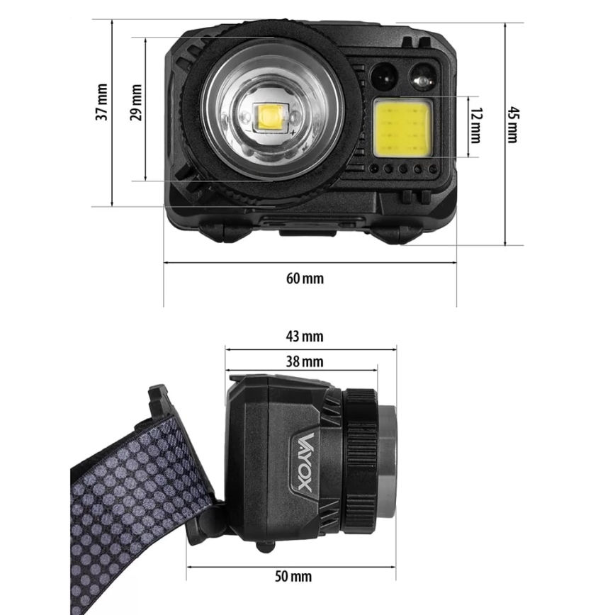 LED Himmennettävä ladattava otsalamppu anturilla ja punainen valo LED/6W/5V/3xAAA IP44 500 kiiltävä 1200 mAh