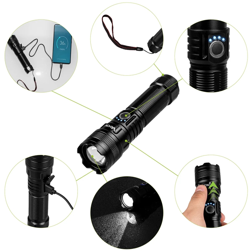 LED Himmennettävä ladattava taskulamppu virtapankilla toiminto LED/10W/5V IPX4 600 kiiltävä 2000 mAh