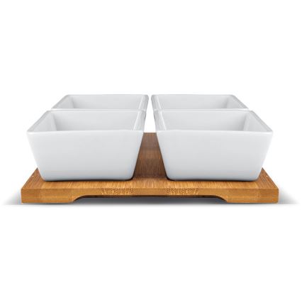 Lamart - 4 kpl posliinikulhoja 19x19 cm + puinen tarjotin