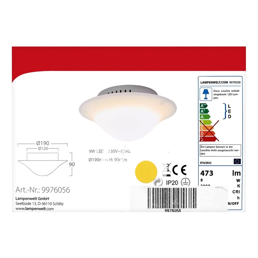Lampenwelt - LED-kattovalaisin LED/9W/230V