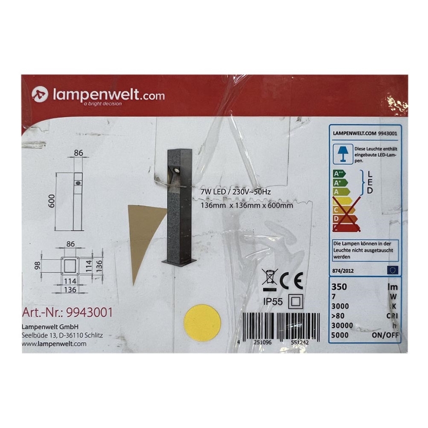 Lampenwelt - LED-ulkopollarivalo AMELIA LED/7W/230V IP55