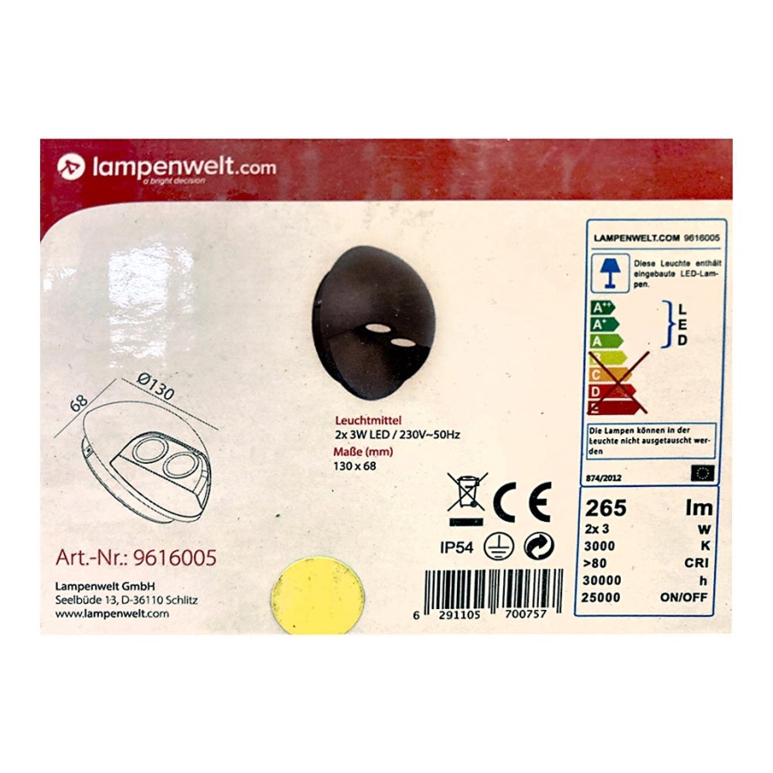 Lampenwelt - LED-ulkoseinävalaisin 2xLED/3W/230V IP54