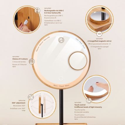 Lanaform - Himmennettävä meikkipeili LED-valaistuksella, 5V USB, bambu