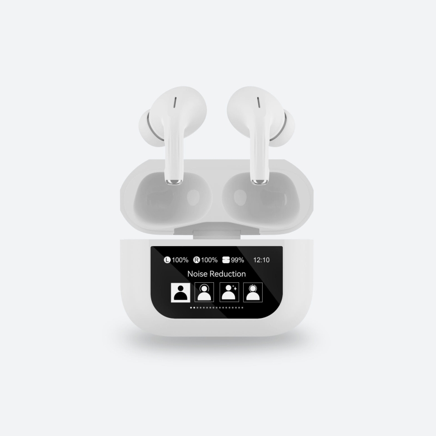 Langaton earphones LCD-näytöllä valkoinen
