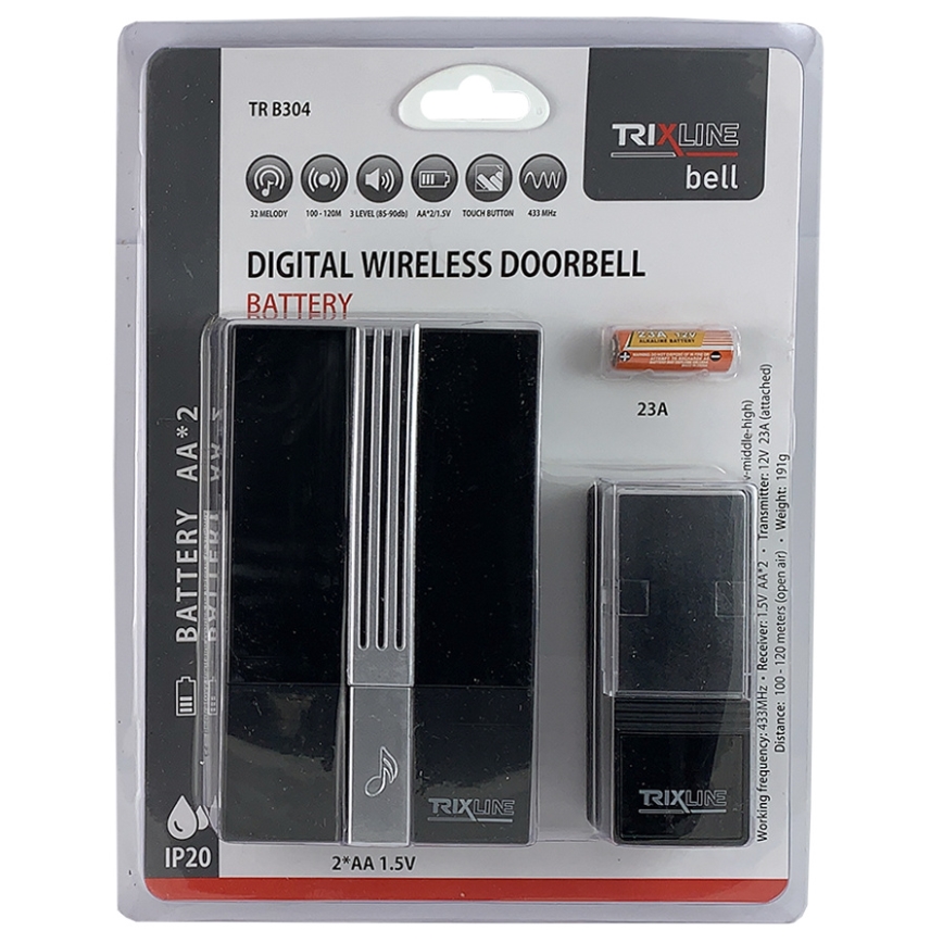 Langaton ovikello BELL 1x23A + 2xAA musta