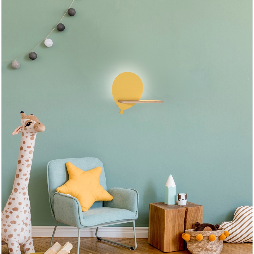 Lasten LED-seinävalaisin hyllyllä BALLOON LED/4W/230V keltainen/puu