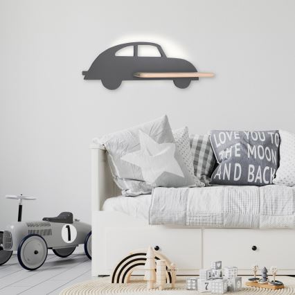 Lasten LED-seinävalaisin hyllyllä CAR LED/5W/230V harmaa/puu