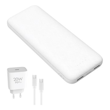 Laturi 10000 mAh + adapteri 20W Power Delivery + USB-C/USB-C kaapeli 1m valkoinen