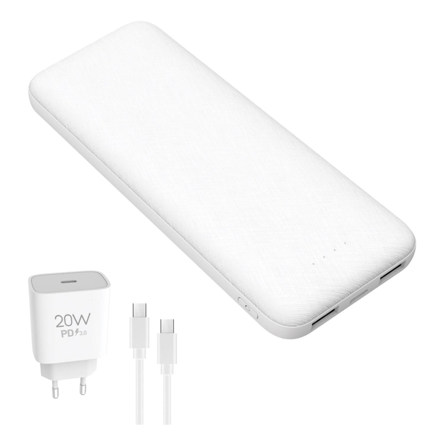 Laturi 10000 mAh + adapteri 20W Power Delivery + USB-C/USB-C kaapeli 1m valkoinen