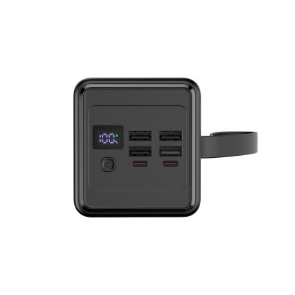 Laturi 60000 mAh 20W Power Delivery 4xUSB-A + 2xUSB-C kanssa LED-taskulamppu koukulla ja magneetilla ja USB-C kaapeli 1m musta