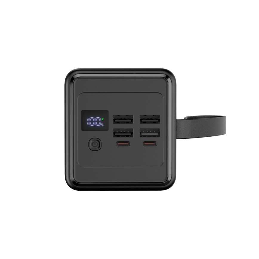 Laturi 60000 mAh 20W Power Delivery 4xUSB-A + 2xUSB-C kanssa LED-taskulamppu koukulla ja magneetilla ja USB-C kaapeli 1m musta