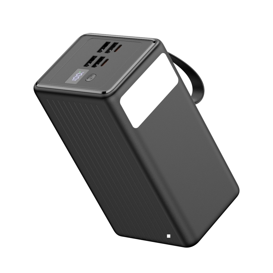 Laturi 70000 mAh 20W Power Delivery 4xUSB-A + 2xUSB-C kanssa LED-taskulamppu koukulla ja magneetilla ja USB-C kaapeli 1m musta