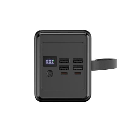 Laturi 70000 mAh 20W Power Delivery 4xUSB-A + 2xUSB-C kanssa LED-taskulamppu koukulla ja magneetilla ja USB-C kaapeli 1m musta