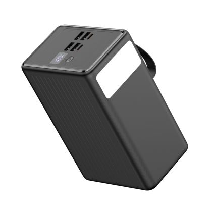 Laturi 80000 mAh 20W Power Delivery 4xUSB-A + 2xUSB-C kanssa LED-taskulamppu koukulla ja magneetilla ja USB-C kaapeli 1m musta