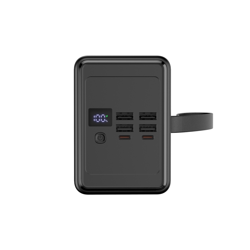 Laturi 80000 mAh 20W Power Delivery 4xUSB-A + 2xUSB-C kanssa LED-taskulamppu koukulla ja magneetilla ja USB-C kaapeli 1m musta