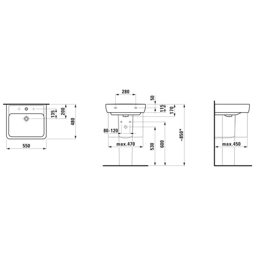 LAUFEN H8189510001041 - Työtasoallas/seinäripustettava PRO 55x48 cm keramiikka/valkoinen
