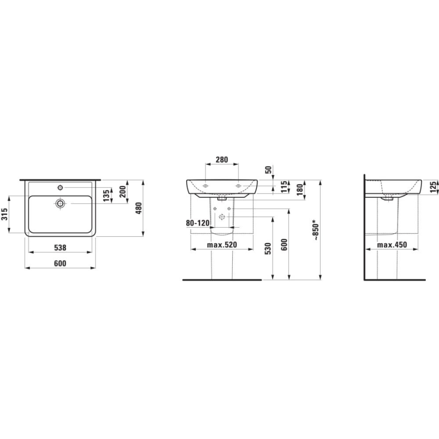 LAUFEN H8189520001041 - Työtasoallas/seinäripustettava PRO 60x48 cm keramiikka/valkoinen