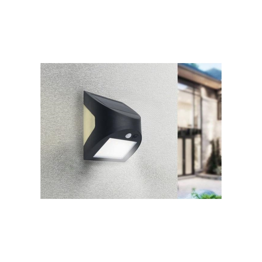 Aurinkokäyttöinen LED-seinävalaisin tunnistimella LED/3W/3,7V 3000/4000K 1200 mAh IP54 musta