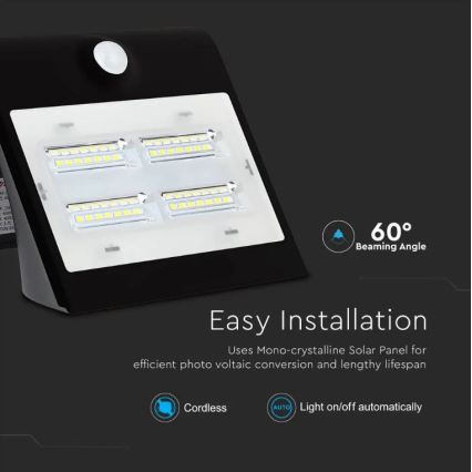 LED aurinkokenno seinävalaisin anturilla LED/3W/3,7V 3000/4000K IP65 musta