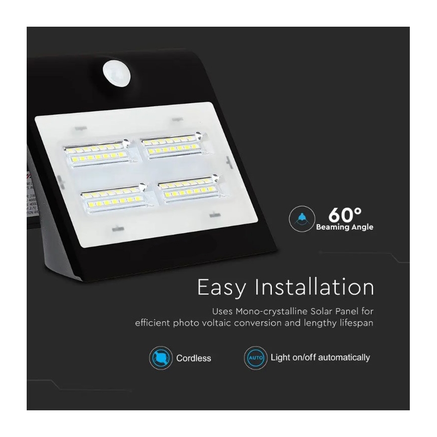 LED aurinkokenno seinävalaisin anturilla LED/3W/3,7V 3000/4000K IP65 musta