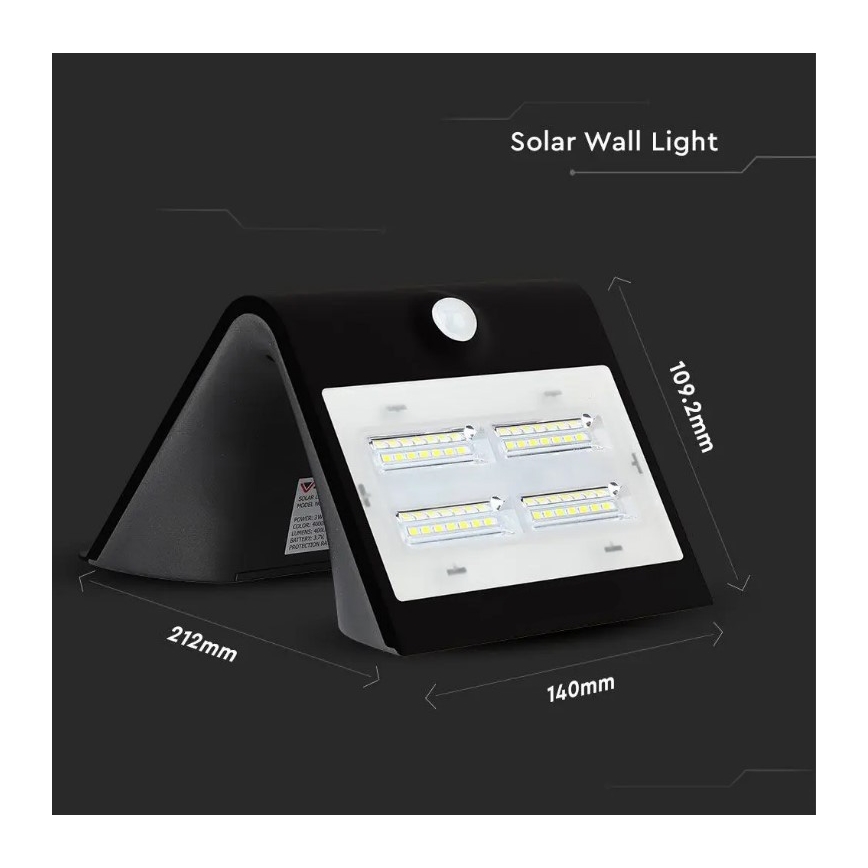 LED aurinkokenno seinävalaisin anturilla LED/3W/3,7V 3000/4000K IP65 musta
