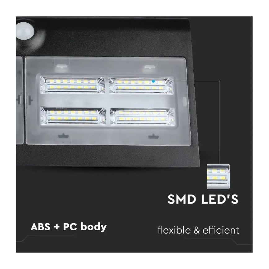 LED aurinkokenno seinävalaisin anturilla LED/7W/3,7V 4000K IP65 musta