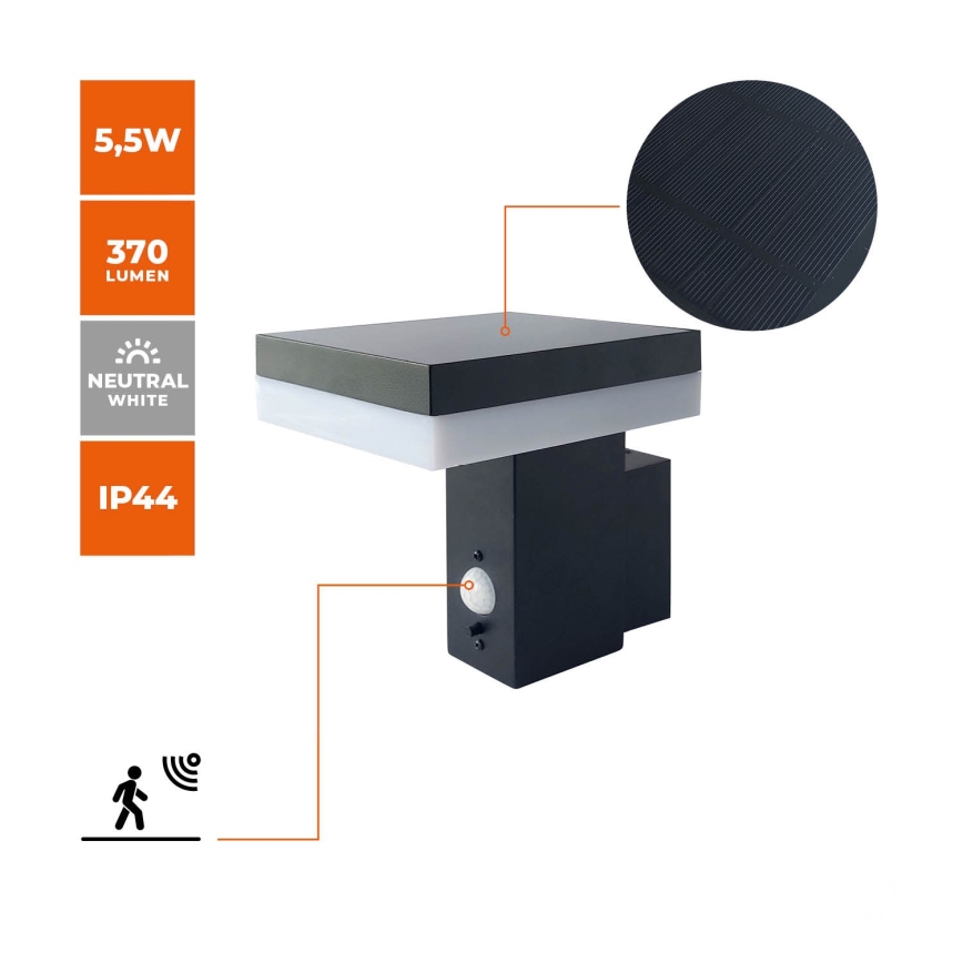 LED-aurinkokenno seinävalaisin anturilla SOLARIS2 LED / 5,5W / 3,7V 4000K IP44