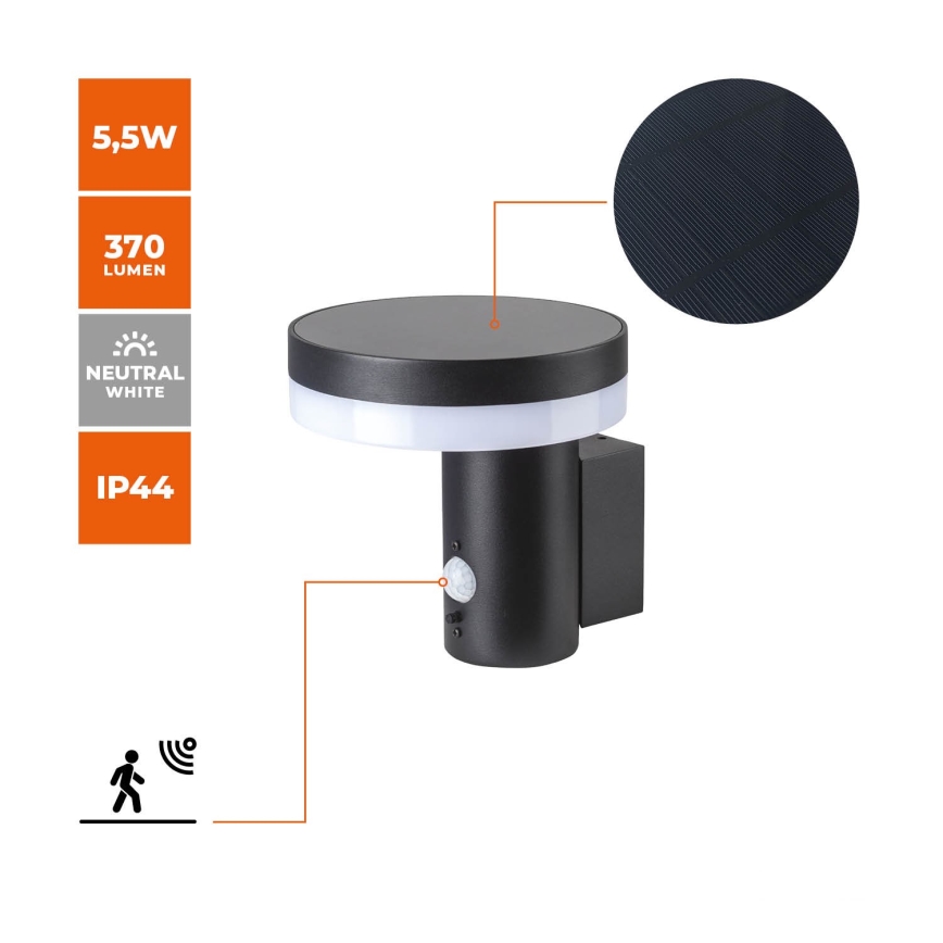 LED-aurinkokenno seinävalaisin anturilla SOLARIS3 LED / 5,5W / 3,7V 4000K IP44