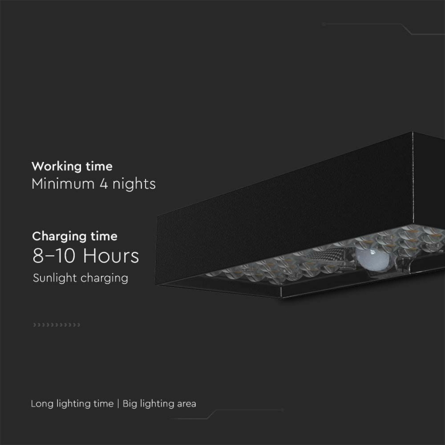 LED aurinkokenno seinävalo anturilla LED/6W/3,7V IP65 4000K musta