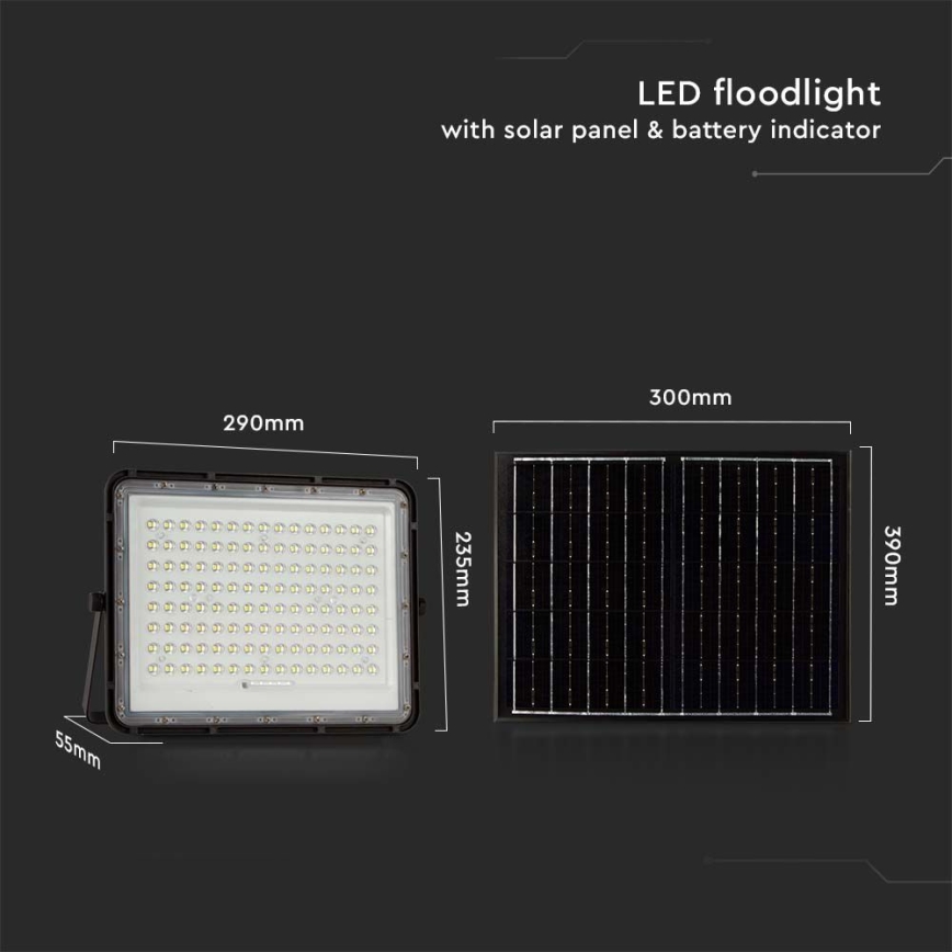 LED Aurinkokenno ulkovalonheitin LED/200W/3,2V 4000K musta IP65 + kauko-ohjaus