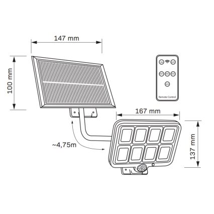 LED-aurinkokenno valonheitin anturilla INTEGRA LED/3W/3,7V IP44 + kaukosäädin