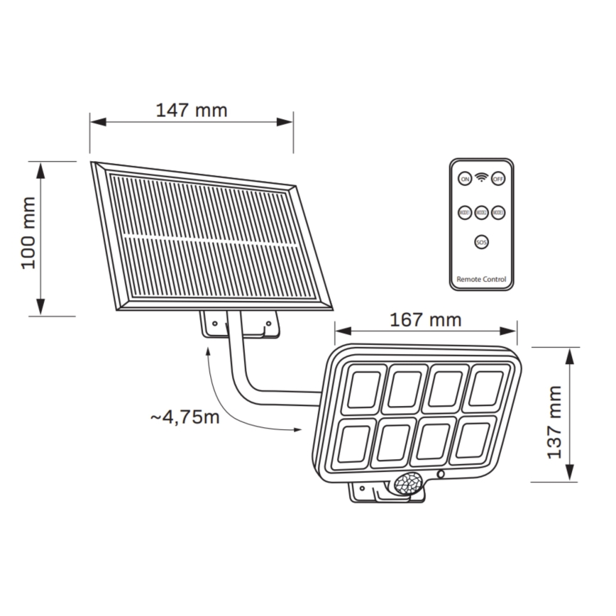 LED-aurinkokenno valonheitin anturilla INTEGRA LED/3W/3,7V IP44 + kaukosäädin
