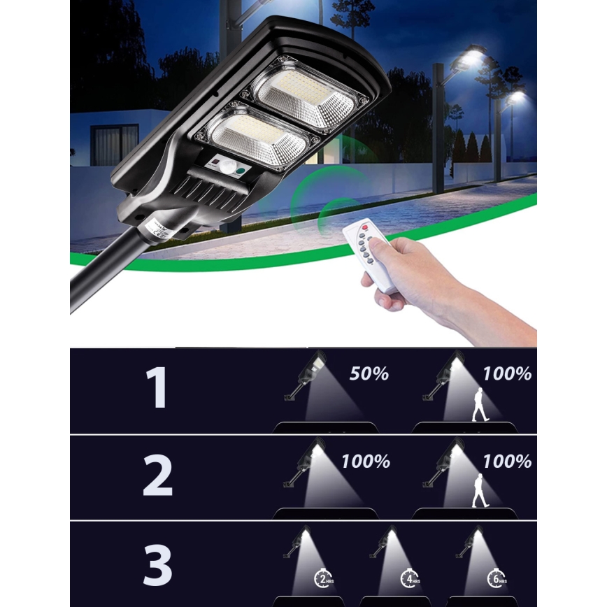 LED Himmennettävä aurinkokennoinen katulamppu anturilla LED/120W/6V 6500K IP65 musta + kauko-ohjaus