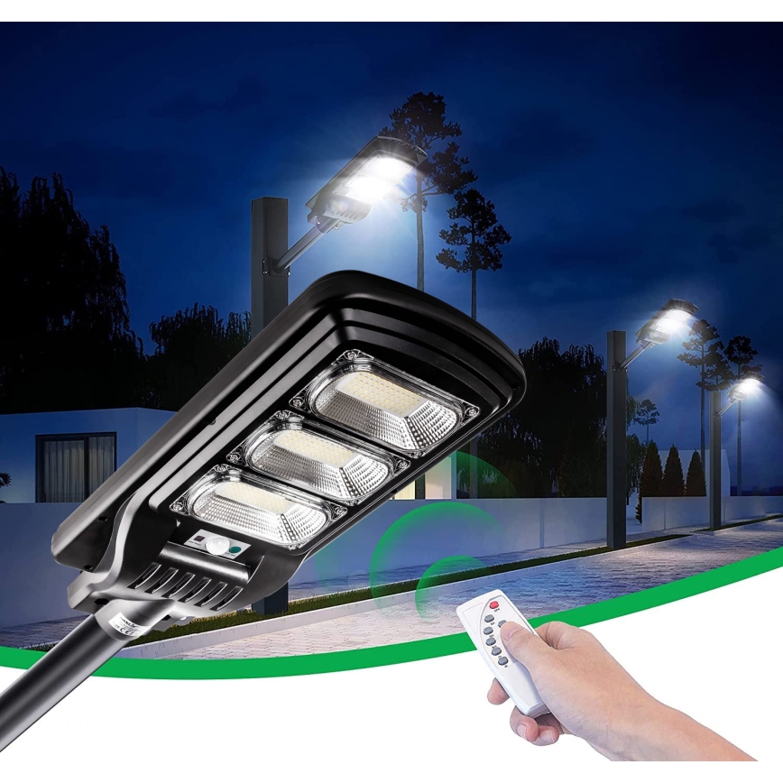 LED Himmennettävä aurinkokennoinen katulamppu anturilla LED/180W/6V 6500K IP65 musta + kauko-ohjaus