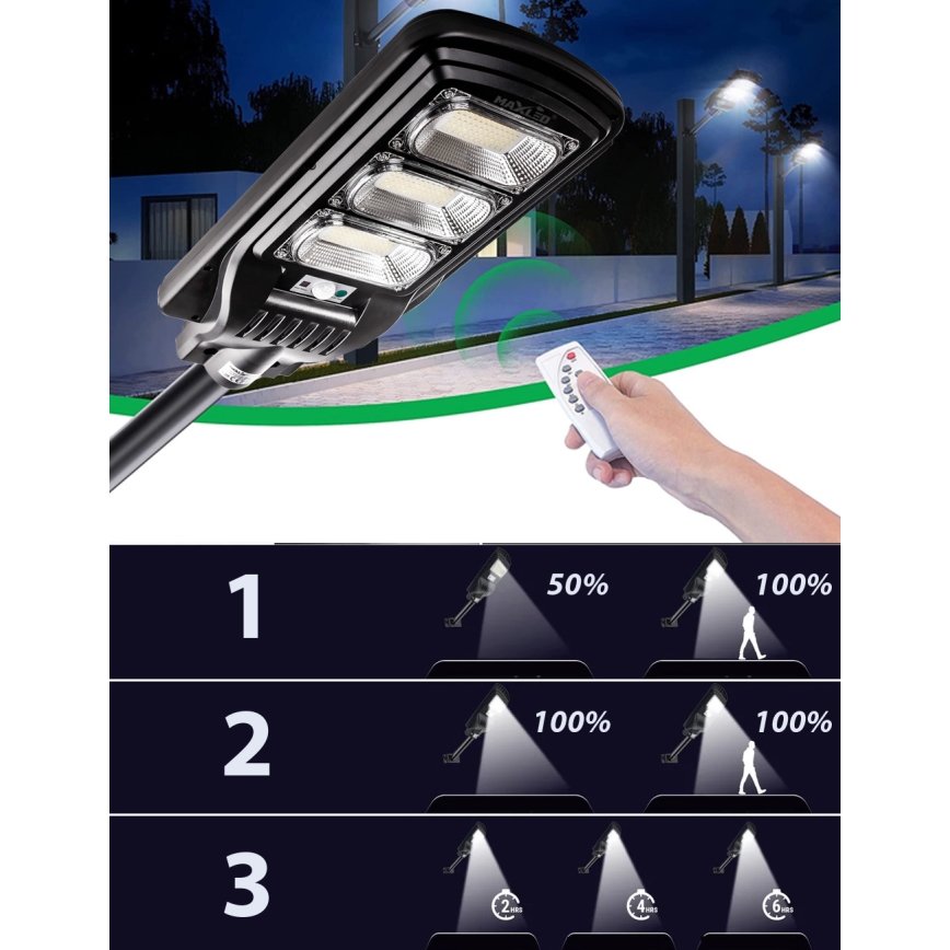 LED Himmennettävä aurinkokennoinen katulamppu anturilla LED/180W/6V 6500K IP65 musta + kauko-ohjaus