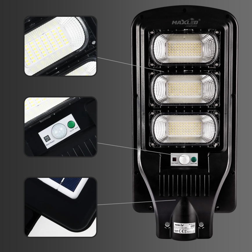 LED Himmennettävä aurinkokennoinen katulamppu anturilla LED/180W/6V 6500K IP65 musta + kauko-ohjaus