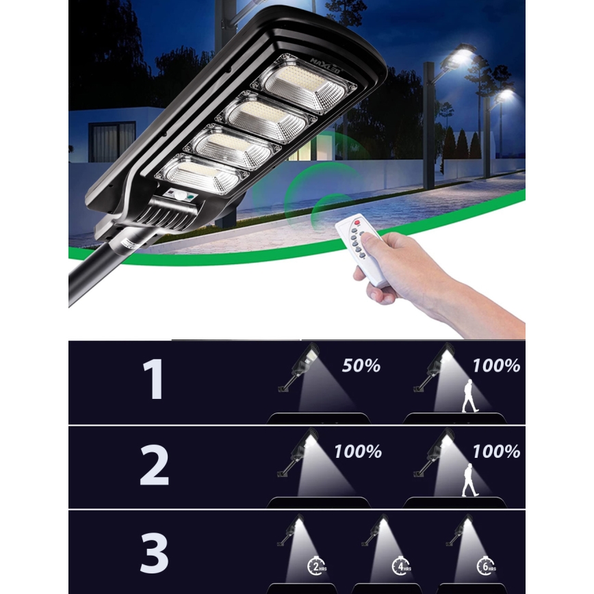 LED Himmennettävä aurinkokennoinen katulamppu anturilla LED/240W/6V 6500K IP65 musta + kauko-ohjaus