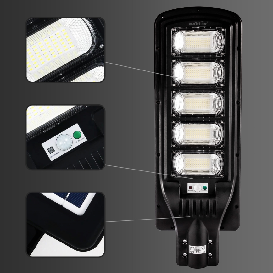 LED Himmennettävä aurinkokennoinen katulamppu anturilla LED/300W/6V 6500K IP65 musta + kauko-ohjaus
