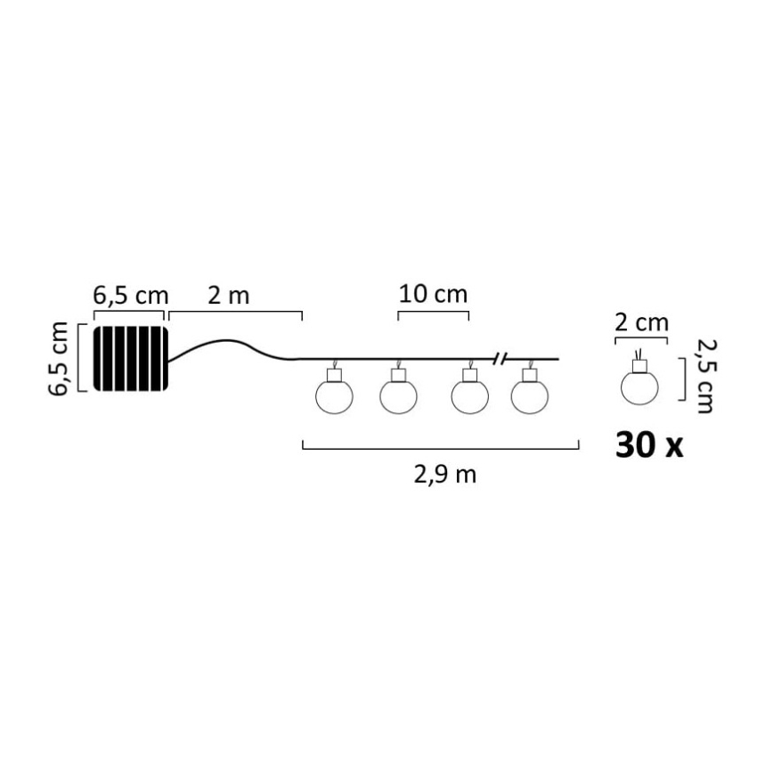 LED-aurinkokennoketju 30xLED/8 toiminnot 4,9m IP44 lämmin valkoinen