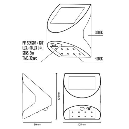 LED-aurinkokäyttöinen seinävalaisin anturilla LED/3W/3,7V 3000/4000K 1200 mAh IP54 antrasiitti