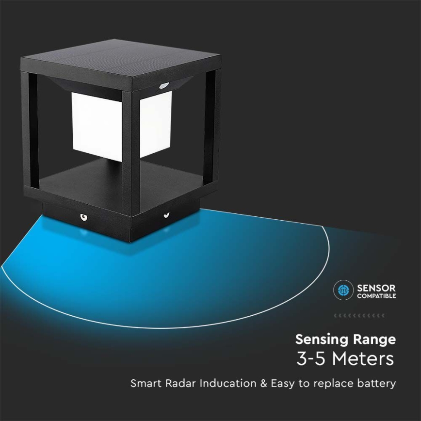LED Aurinkokennovalo sensorilla LED/2W/5,5V 3000K IP65 musta