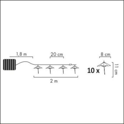 LED-aurinkoketju 10xLED/1,2V 300 mAh 3,8 m IP44 sateenvarjot