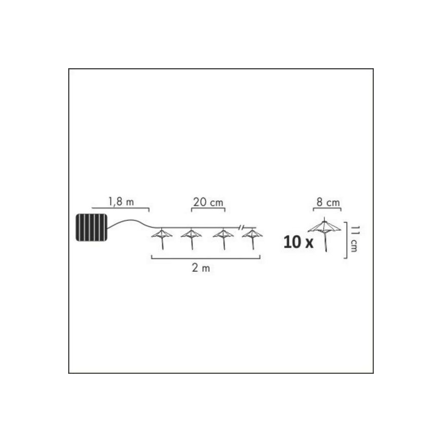 LED-aurinkoketju 10xLED/1,2V 300 mAh 3,8 m IP44 sateenvarjot
