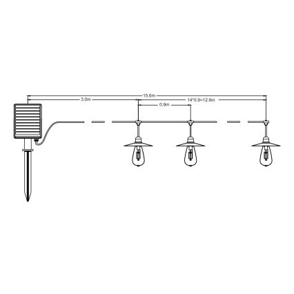 LED-aurinkoketju 15xLED/0,2W/3,7V 15 m 3000K IP44